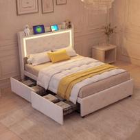 Viengulė lova 90x200 cm, su dviem stalčiais, LED apšvietimu ir USB įkrovimu, smėlio, aksominė