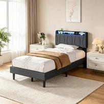 Viengulė lova, 90 × 200 cm, su LED apšvietimu ir USB/C jungtimi; jaunimo lova su grotelėmis, pilka, lininė.