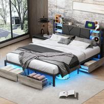 Geležinės medienos lova 160X200 cm su grotelių lovos pagrindas ir LED, Apmuštas lovos galvūgalis su USB prievadu iš PU audinio, juodas