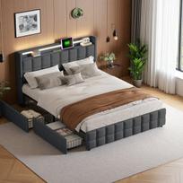 Lova 160x200 cm su grotelių pagrindu ir stalčiais, LED ir USB, lininis audinys, pilka
