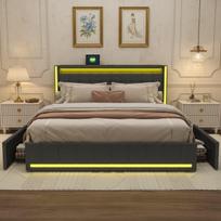 Dvigulė lova 160 x 200 cm su LED ir USB, Minkšta lova su daiktadėže, 4 stalčiais ir galvūgaliu su skyrimi, aksominė, pilka