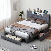 Lovos 160x200 cm rėmas su 3 stalčiais, USB ir LED apšvietimu, skandinaviško stiliaus, grotelių pagrindas, suaugusiųjų lova, pilkas aksomas