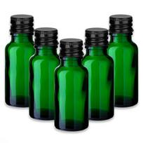 Žalia 20 ml stiklinė buteliukų rinkinys su juodais aliuminio dangteliais, 5 vnt.