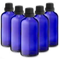 Mėlynas 100 ml stiklinis butelis su juodu lašintuvu ir dangteliu, 5 vnt. rinkinys