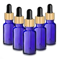 Mėlynas 20 ml stiklinis buteliukas su auksine aliuminio pipete, 5 vnt.