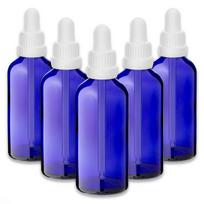 Mėlyna 100 ml stiklinė butelė su stikline pipete ir baltu dangteliu, 5 vnt. rinkinys
