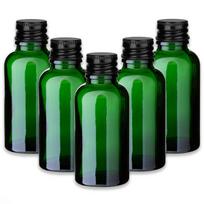 Žalia stiklinė butelė 30 ml su juodu aliuminio dangteliu, 5 vnt. rinkinys