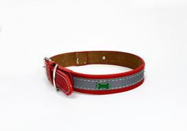 Šuns antkaklis BUBU, odinis, atspindintis, žalias su kaulu, L dydis, 25 mm, 52 cm, raudonas