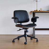 Ergonominė natūralios odos biuro kėdė su ąžuoliniais porankiais, ratukais, reguliuojamu aukščiu, juoda