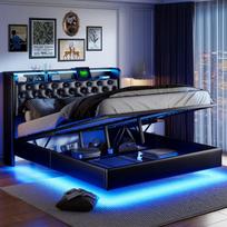 Dvigulė lova 160x200 cm su LED apšvietimu ir USB jungtimi, plaukiojanti lova, juoda PU oda