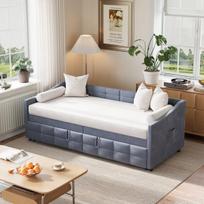 Sofa - lova, ištraukiama, 90 x 200 cm, pilka, aksomas, išsitempianti, transformuojama į dviaukštę lovą, su šoninėmis kišenėmis, metaliniu rėmu (be čiužinio)