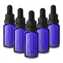 Mėlyna 20 ml stiklinė butelė su pipete ir juodu dangteliu, 5 vnt. rinkinys