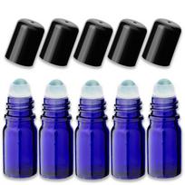 Mėlynas 5 ml stiklinis roll-on buteliukas su juodu kamšteliu, 5 vnt. rinkinys