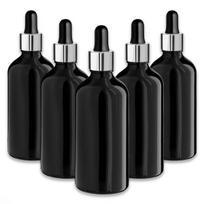Juodas 100 ml stiklinis butelis su sidabrine aliuminine pipete, silikoniniu siurbtuku, 5 vnt. rinkinys