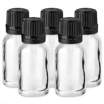 15 ml skaidrus stiklinis buteliukas su lašintuvu ir juodu dangteliu, 5 vnt. rinkinys
