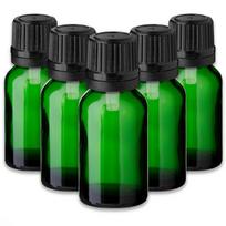 Žalia 15 ml stiklinė butelė su juodu lašintuvu, 5 vnt. rinkinys