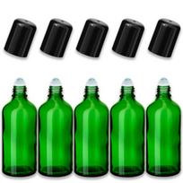 Žalia stiklinė roll-on butelė 100 ml su juodu dangteliu, 5 vnt. rinkinys