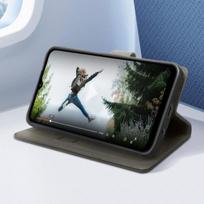 Pilkas dėklas Samsung A21s piniginei ir vaizdo įrašų laikikliui