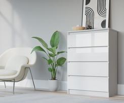 Komoda 3xEliving DEMI su 4 stalčiais, 70 cm, spalva: Baltas/baltas blizgesys