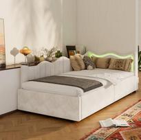 Vaikiška sofa-lova, 90 x 200 cm, balta, aksomas, dujinis keltuvas, 7 spalvų LED, banguotas galvūgalis
