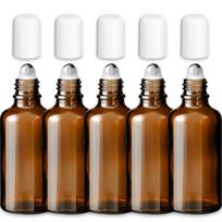 Rudas 50 ml stiklinis roll-on butelis su baltu dangteliu, nerūd. plieno rutulys, 5 vnt. rinkinys