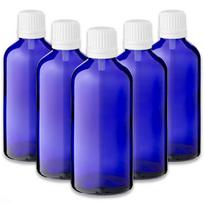 Mėlyna 100 ml stiklinė butelė su lašintuvu ir baltu užsukamu dangteliu, 5 vnt. rinkinys