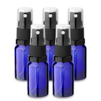 Mėlynas stiklinis buteliukas 10 ml su juodu atomizatoriumi, 5 vnt. rinkinys