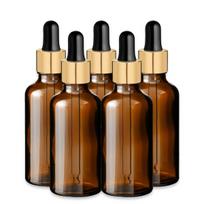 50 ml rudos spalvos stiklinis buteliukas su auksine aliuminio pipete – 5 vnt. pakuotė