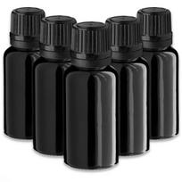 Juodas 20 ml stiklinis butelis su lašintuvu ir sandariu dangteliu, 5 vnt. rinkinys