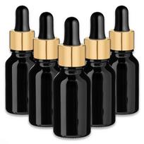 Juodas 15 ml stiklinis buteliukas su auksine aliuminio pipete, 5 vnt. rinkinys