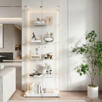 Vitrina su LED apšvietimu ir durelėmis, 5 sluoksnių stiklinė spintelė, balta, 78,5 × 34,5 × 186,5 cm
