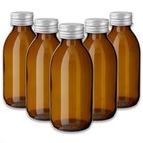150 ml rudos spalvos stiklinis butelis su PP28 sriegiu ir sidabriniu kamščiu, 5 vnt. rinkinys