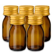 30 ml rudos spalvos stiklinis buteliukas su PP28 dangteliu ir auksiniu užsukamu dangteliu – 5 vnt. rinkinys