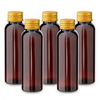 100 ml rudos spalvos PET plastikinis buteliukas su auksiniu aliumininiu kamščiu – 5 vnt.