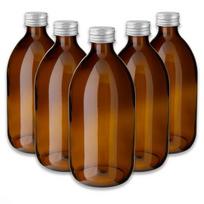 500 ml rudos spalvos stiklinis butelis PP28 su sidabriniu kamščiu, 5 vnt. rinkinys