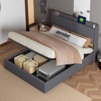 Lova 160x200 cm su hidrauliniu pakėlimu ir grotelių pagrindu, USB jungtimi, lininis audinys, pilka