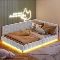 Apmušta sofa-lova 140x200 su LED, USB ir lentjuostėmis, vaikams ir paaugliams, balta ėriuko vilna