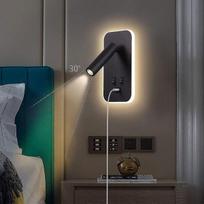 LED sieninis šviestuvas su jungikliu, skaitymo lempa, USB įkrovimo prievadas, apšvietimas, reguliuojamas prožektorius 3w+9w