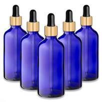 Mėlynas 100 ml stiklinis buteliukas su aukso aliuminine pipete, silikoniniu siurbtuku (rinkinys 5 vnt.)
