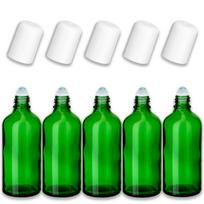 Žalia 100 ml stiklinė roll-on butelė su baltu dangteliu, 5 vnt. rinkinys