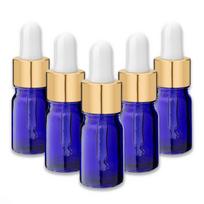 Mėlyna 5 ml stiklinė buteliukų rinkinys su auksine aliuminio pipete, 5 vnt.