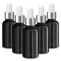 Juodas 30 ml stiklinis buteliukas su sidabrine aliuminio pipete, 5 vnt. rinkinys