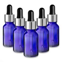 Mėlyna stiklinių buteliukų rinkinys 15 ml su sidabrine aliuminine pipete, 5 vnt.