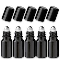 Juodas 10 ml stiklinis roll-on buteliukas su nerūdijančio plieno rutuliuku, 5 vnt. rinkinys