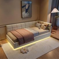Vienvietė Lova 90×200 cm, Plūduriuojantis Efektas, Smėlinis Aksomas, USB ir Type-C Įkrovimas, RGB LED Juosta po Lova