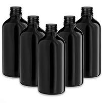 Juodas stiklinis butelis 100 ml su juodu aliuminio dangteliu, 5 vnt. rinkinys