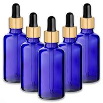 Mėlynas stiklinis 50 ml butelis su auksine aliuminine pipete, 5 vnt.