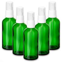 Žalia 100 ml stiklinė purškiama butelė su baltu purkštuvu ir skaidriu dangteliu, 5 vnt. rinkinys