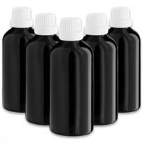 Juodas 100 ml stiklinis butelis su lašintuvu ir baltu dangteliu, 5 vnt. rinkinys