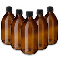 Rudas 500 ml stiklinis butelis sirupui su pp28 juodu dangteliu, 5 vnt. rinkinys